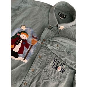 Vintage Three Rivers Long Sleeve Button Up Denim Shirt Snowman Embroidered Sz L‎
